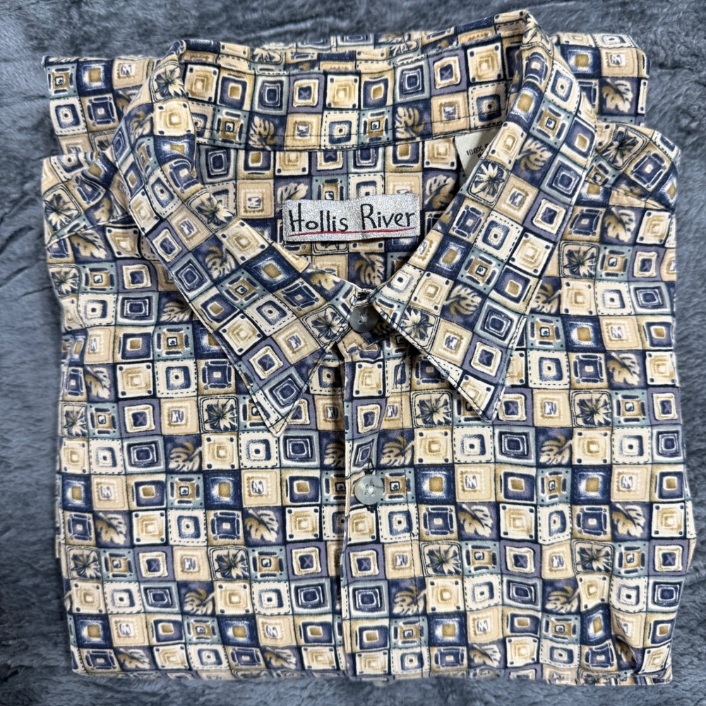 Hollis‎ River Button Down Shirt Mens L Blue Tan Geometric Cotton Short Sleeve